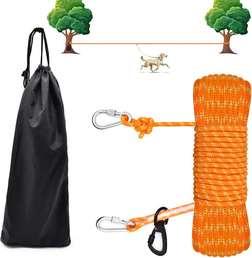 Dog Tie Out Cable for Camping, 50ft Reflective Overhead Trolley System for Dogs up to 300lbs, Portable Dog Runner