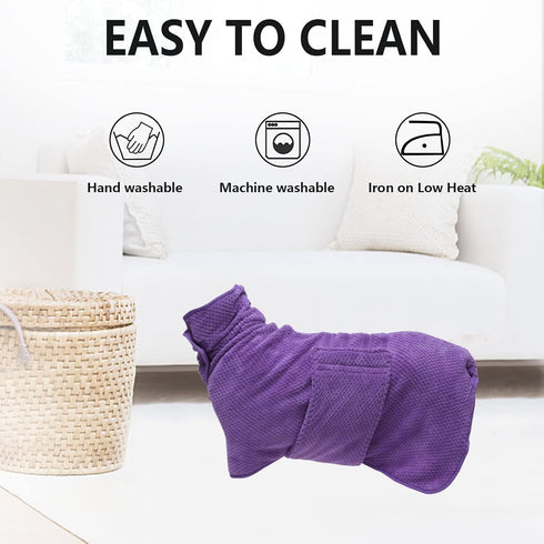 Geyecete Dog Bathrobe Towel, Fast Drying Super Absorbent Pet Bath Robe Towel for Dogs and Cats, Purple-M