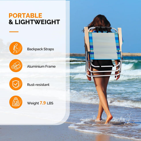 13" Backpack 3-Position VINGLI Aluminum Beach Chair Tall Beach Chairs for Adults, Portable with Adjustable Straps