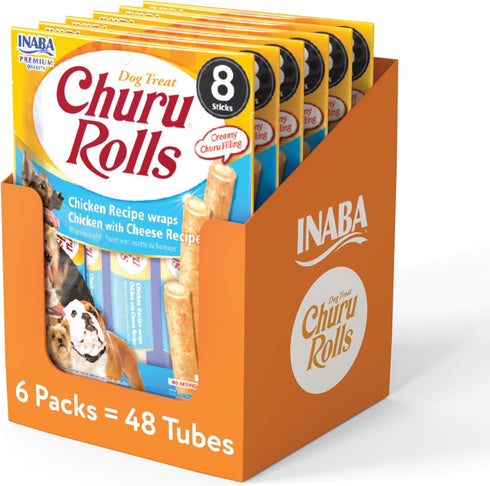 INABA Churu Rolls for Dogs, Grain-Free, Soft Baked Chicken Wrapped Treats, 48 Stick Treats Total