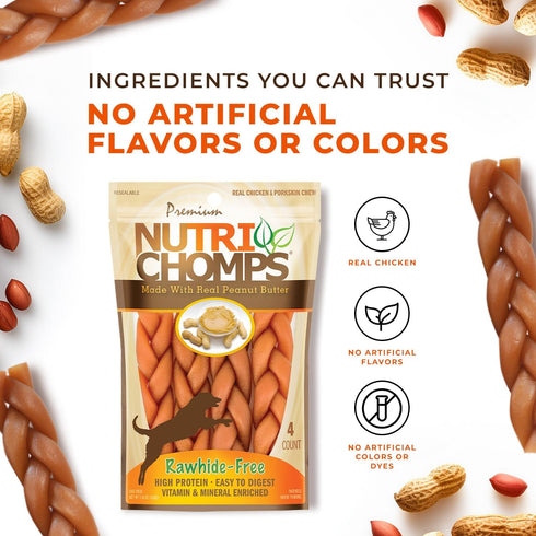 NutriChomps Dog Chews, 6-inch Braids, 4 Count Rawhide-Free Treats, Easy to Digest, Real Peanut Butter Flavor