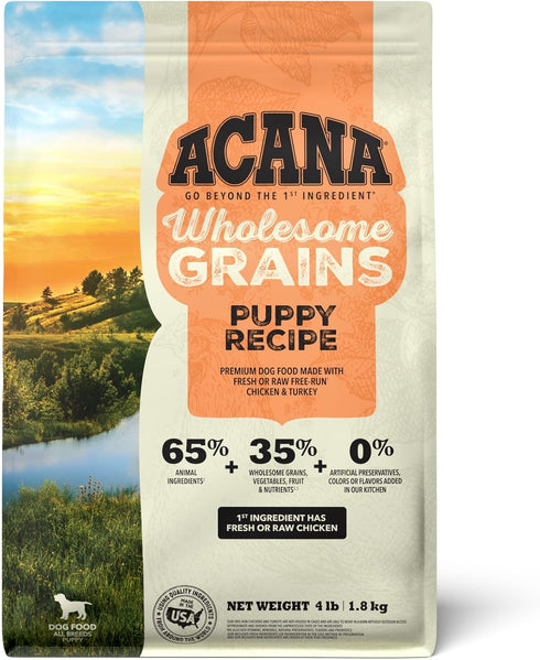 ACANA Wholesome Grains Dry Dog Food, Puppy Recipe with Real Chicken, Eggs, and Turkey, 4lb