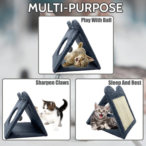 Fhiny Triangle Cat Scratching Post, Natural Sisal Standing Scratch Board with Hanging Plush Ball Toy
