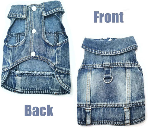 Cool Blue Denim Dog Jeans Jacket for Small Medium Dogs, Comfort Lapel Harness Vest with D-Ring for Leash