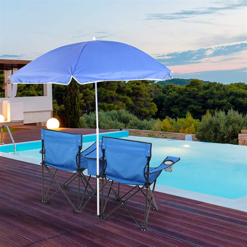 Generic Double Camping Chair with Umbrella, Folding Loveseat Chairs w/Canopy Shade, Carrying Bag, Table, Cup Holder