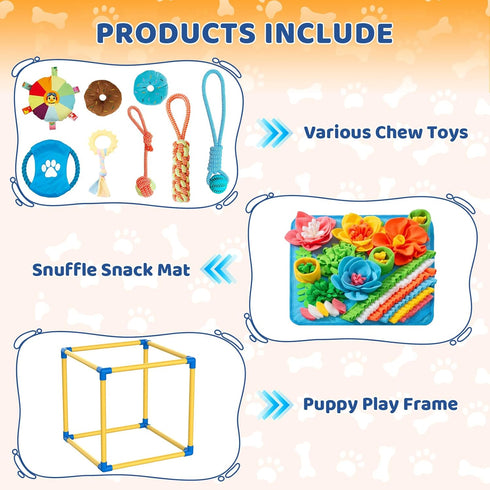 8 (Yellow,19.6 19.6 19.6 inch) Puppy Play Gym with Snuffle Mat & Hanging Toys Indoor Play Gym Interactive Dog Toys