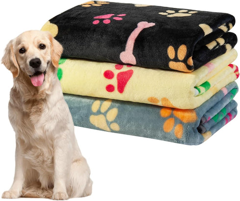 Dono 1 Pack 3 Blankets for Dogs, Soft Fluffy Paw Print Fleece Pet Blanket, Warm Sleep Mat for Dog Cat Kitten