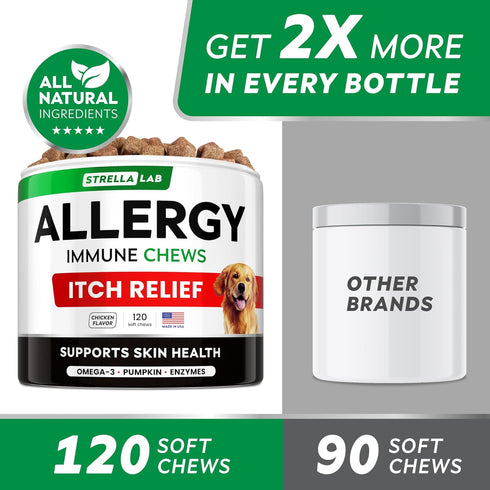 StrellaLab Dog Allergy Relief Chews, Anti Itch Support w/Omega 3, Skin & Coat Immune Supplement, 120Ct