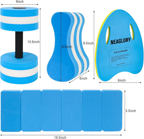NEAGLORY 5 Pieces Water Aerobics Set, Aquatic Exercise Pool Fitness Equipment with Foam Dumbbell, Swim Kickboard, Pull