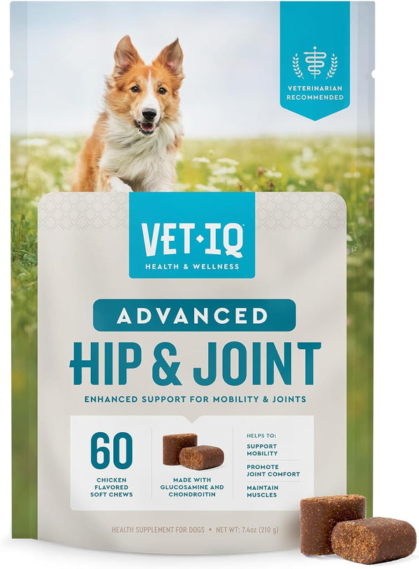 VetIQ Advanced Hip & Joint Chews for Dogs, 60 Count, Chicken Flavored Supplements with Glucosamine, Omega 3’s &