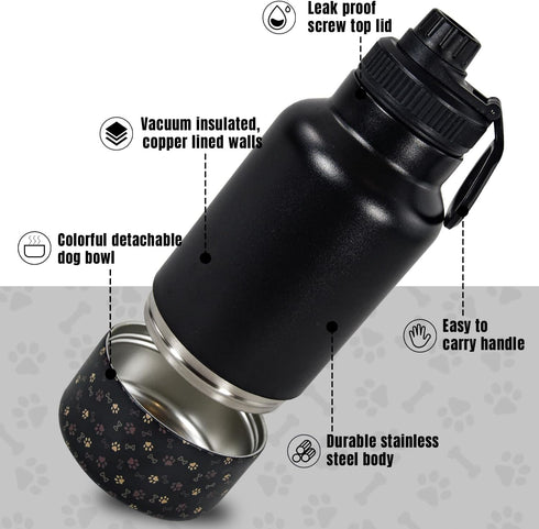 AGH Dog Water Bottle, 32oz Portable Bottle with Detachable Bowl for Food Feeding, Stainless Steel for Travel (Black)