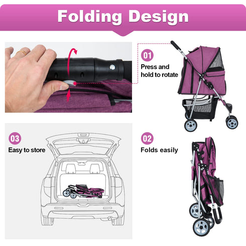 3Wheels BestPet Pet Dog Stroller for Folding Lightweight Cat Travel Stroller with Cup Holder,Purple