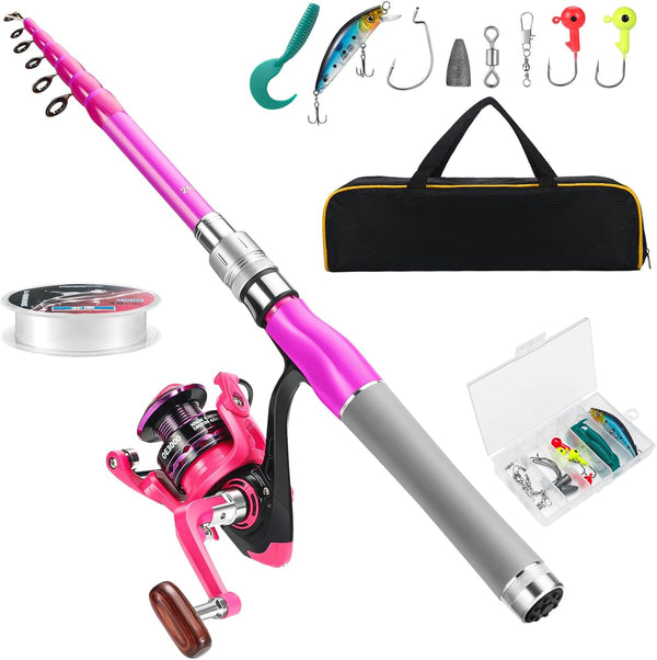 Lady Fishing Rod and Reel Combos, Carbon Fiber Telescopic Fishing Pole Kit with Spinning Reel, Fishing Line, Lures,