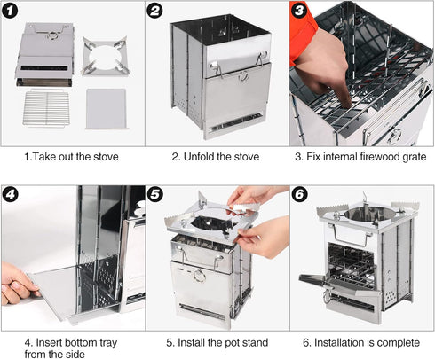 REDCAMP Folding Wood Burning Camping Stove with Pot Stand, Large Portable Stainless Steel 304# Grill for Backpacking