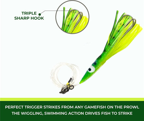 Arcadia Tackle Associated Manufacturer 4.5" 6 Tuna Clone Rigs, Pcs Yellow/Green for Offshore Trolling, Ideal for Tuna