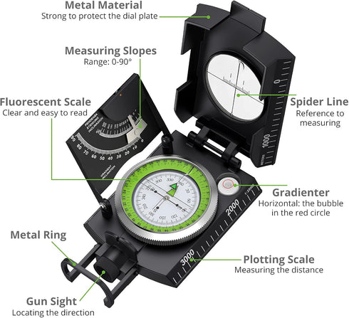 Proster IP65 Hiking Compass with Sighting Clinometer Professional Military Compass Metal Camping Compass Waterproof with Carry Bag for Camping Hunting Hiking Geology Activities