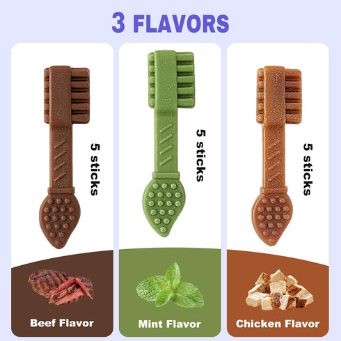 3 15 Count Pack PETPHABET Dental Chews for Dogs, Flavor Dog Dental Treats Fresh Mint Chicken & Beef Flavor for Medium