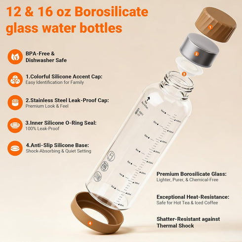 12 oz 4 Pack Glass Juice Bottles Glass Water Bottles with Stainless Steel Lids Leakproof, BPA Free, Heat-Resistant