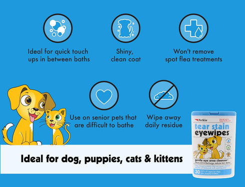 Petkin Pet Eye Wipes - 30 Moist Wipes for Gentle Eye Cleaning, Remove Dirt, Discharge & Tear Stains for Dogs & Cats
