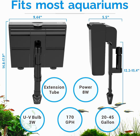 U-V Aquarium Filter for 20-45 Gallon Tank, Hang On Back with Ultra-Quiet Powerful Pump 170GPH