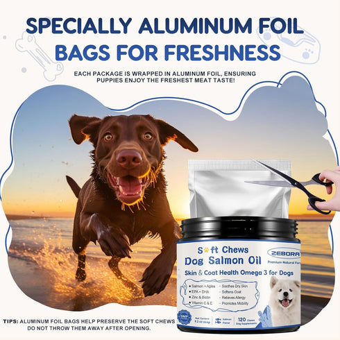 3 6 9 120 ZEBORA Salmon Oil for Dogs Skin and Coat - Omega Fish Oil Soft Chews for Dogs Itchy Skin Relief - Dog Fish