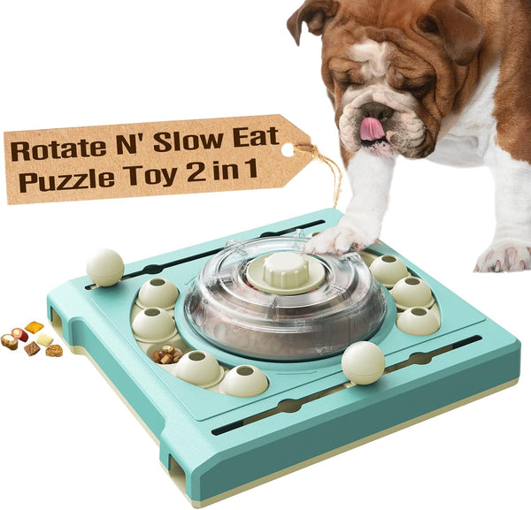 Level 2 in 1 Dog Puzzle Toys - Rotate N' Eat Treat Slow Feeder, Large Capacity Food Dispenser, Mental Puzzles for All