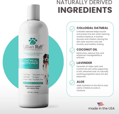 (16oz+Brush) Lillian Ruff PRO Formula Oatmeal Dog Conditioner - Nourishing & Calming Relief for Allergies & Sensitive