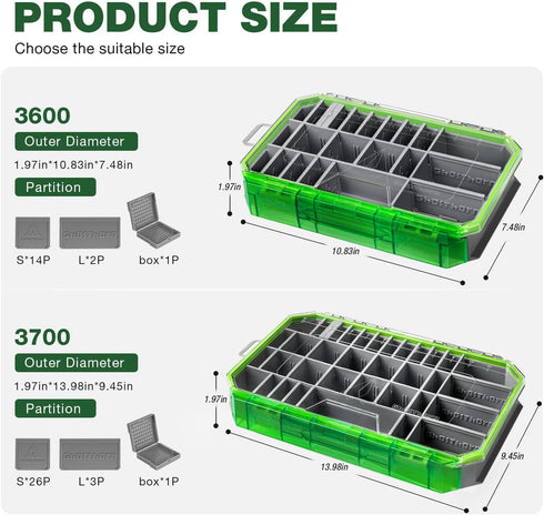 Ghosthor Fishing Tackle Box, Waterproof 3600 and 3700 Tackle Trays, Organizer with Removable Dividers