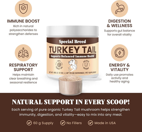 Immune 60 Organic Turkey Tail Mushroom for Dogs and Cats, Support with Beta Glucans and Polysaccharides, Digestive
