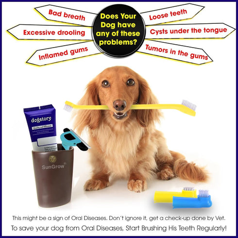 Set, 2 3 SunGrow Dog Toothbrush Dual-Headed Brush, Bonus Finger Brushes Included, Removes Plaque, freshens Dog's
