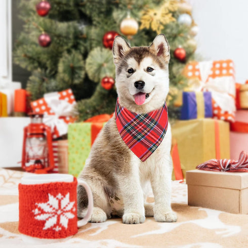 Malier 2 Pack Dog Bandana Christmas Classic Plaid Scarf Set for Small Medium Large Dogs Cats (Green + Red, Large)