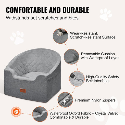 VEVOR Dog Car Seat - Waterproof Booster Seat with Storage Pocket, Clip-On Safety Leash, Gray