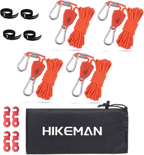 Hikeman Camping Rope with Ratchet Pulley - Adjustable Tent Tie Downs for Canopy, Kayak, and Grow Light (4PCS)
