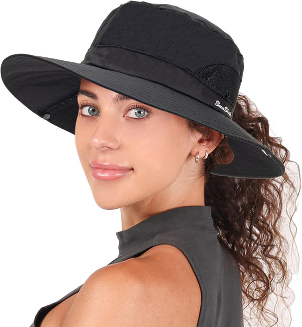 Women's Summer Beach Hat, Wide Brim Outdoor UV Protection Packable Mesh Bucket Hat with Ponytail Hole