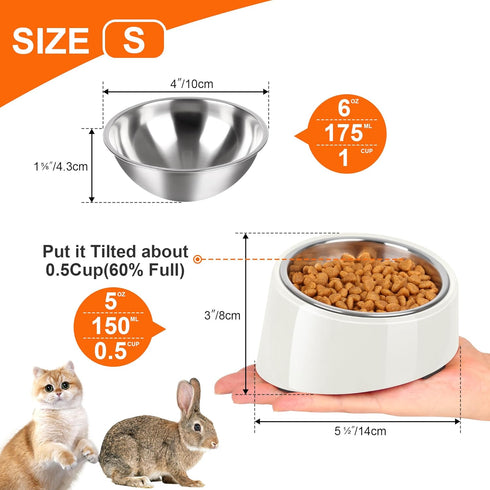 Tilted Angle Dog Bowl, 15° Slanted Stainless Steel Dog Cat Food Bowl, Non-Slip & Non-Spill Pet Feeder with Elevated Detachable Melamine Stand, Easy to Get Food Dog Dish, S/0.5 Cup White