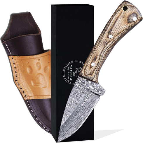 YA FORGE 7-inch Hunting Knife, Hand-forged Damascus Steel Survival Knife, Pakka Wood Handle with Leather Sheath for
