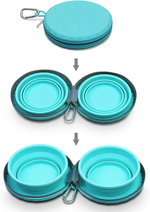 Collapsible Silicone Twin Dog Bowls with Zipper Case, 2 in 1 Portable Travel Dog Bowls