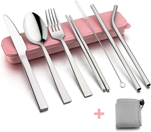 HaWare 9-Piece Portable Travel Silverware Utensils with Case, Stainless Steel Flatware Set for Camping Office School Lunch, Reusable Cutlery Including Knife Fork Spoon, Dishwasher Safe(Pink) by HaWare