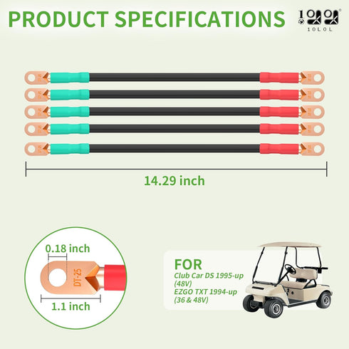 Golf Cart Battery Cable Set for Club Car DS 1995-Up, 48 Volt, 4 Gauge Welding Cable (Set of 5)