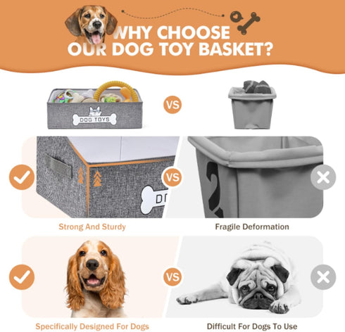 Dog Toy Basket - Collapsible Storage Box with Handle for Pet Toys and Accessories - Specially Designed, Grey
