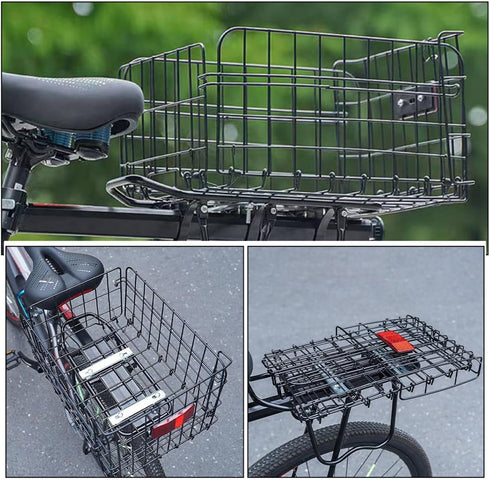 GLEAVI Folding Bike Rear Basket Metal Mesh Storage Rack Detachable Carrier with Mounting Accessories and Reflective