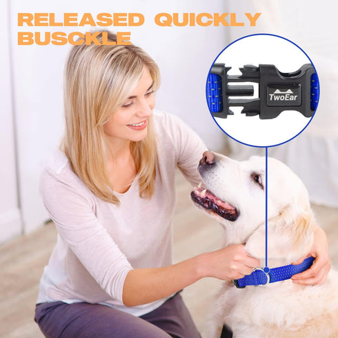TwoEar Heavy Duty Dog Collar Reflective, Adjustable Nylon Pet Collar with Durable Buckle for Medium Breeds Dog(M, Blue)