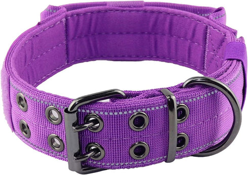 Reflective Dog Collar Heavy Duty Tactical with Control Handle and Metal Buckle for Dog Training (Large, Purple)