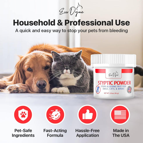 Styptic Powder for Dogs, Cats, and Birds, 2 oz by Evo Dyne, Fast-Acting Blood Stop Powder for Grooming & Cuts