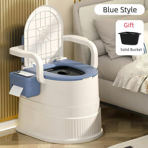 Portable toilet seat with armrests, with lid, with tissue holder, with seat function, robust, easy to clean, no power