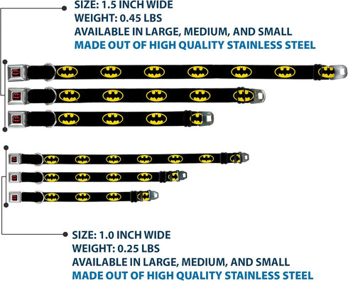 Dog Collar Seatbelt Buckle Batman Shield, Black Yellow, 15 to 26 Inches, 1.0 Inch Wide