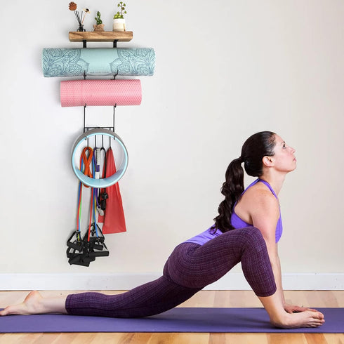 Yoga Mat Holder Accessories, Wall Mount Organizer with 4 Hooks, Storage Rack for Foam Roller, Towel, Yoga Mats