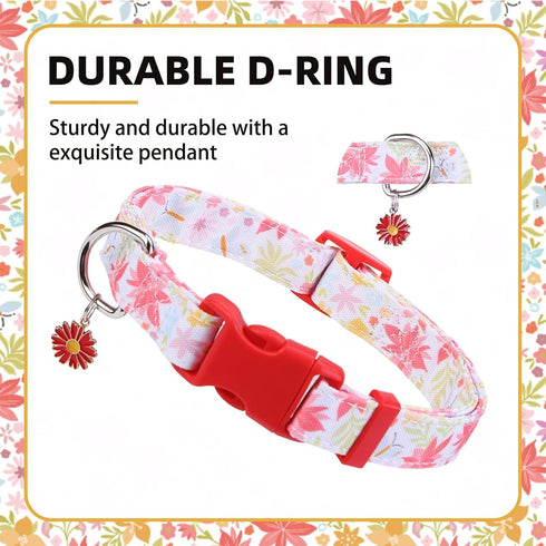 PUPTECK Cute Adjustable Dog Collar, Red Floral Pattern Design for Small Medium Large Dogs, Gift for Male Female Dogs