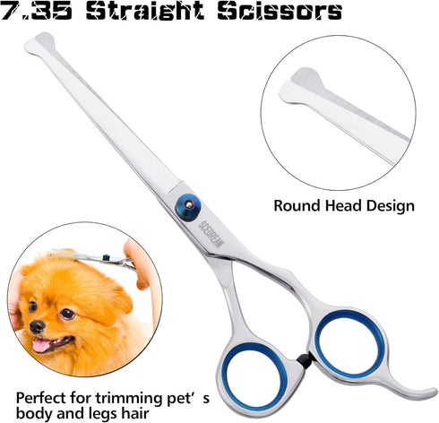 Dog Grooming Scissors with Safety Round Tips - 5 in 1 Grooming Shears Set for Dogs and Cats