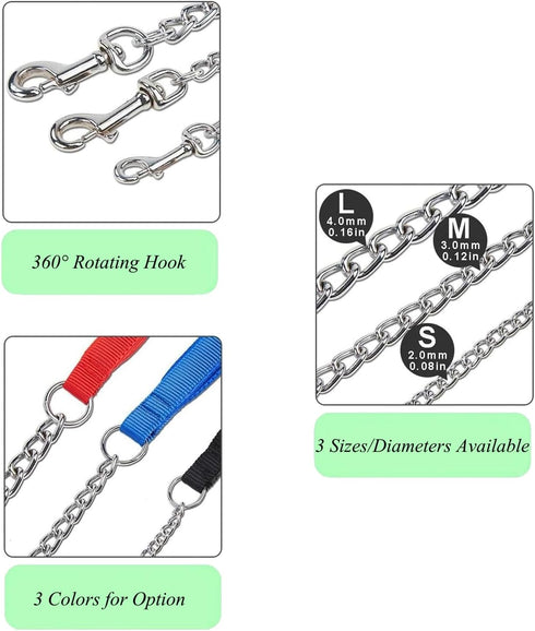 Chain Leash Metal Dog Leash, Chrome Plated with Soft Padded Handle for Medium Dogs (M, Blue Handle)
